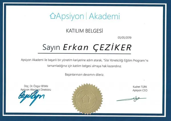Apsiyon Akademi Site Yöneticiliği Eğitim Programı katılım belgesi