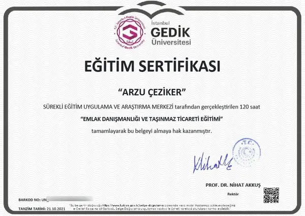 İstanbul Gedik Üniversitesi Emlak Danışmanlığı ve Taşınmaz Ticareti Eğitim Sertifikası