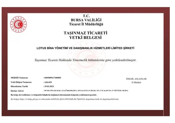Partner Lotus Taşınmaz Ticareti Yetki Belgesi — T.C. Ticaret Bakanlığı